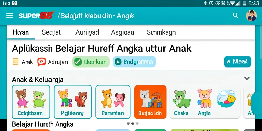Antarmuka aplikasi SUPER88 yang ceria untuk belajar huruf dan angka.