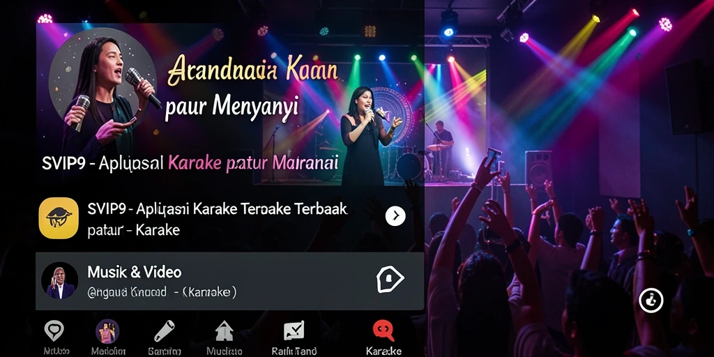 Antarmuka aplikasi karaoke SVIP9 dengan lirik dan musik.