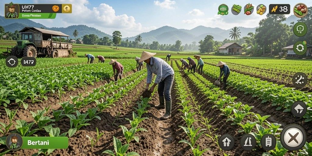 Tampilan antarmuka UH77 dengan ladang yang subur dan beragam tanaman.